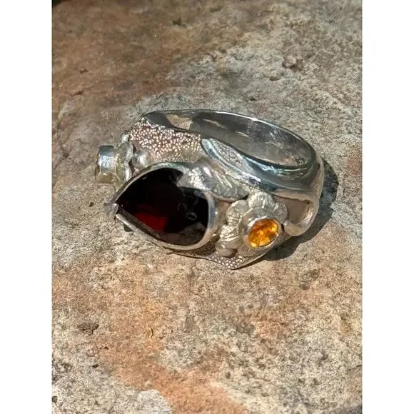 Red Garnet Grossular Garnets Sterling Silver Carved Flower Ring US Sz 8.5 - Picture 2 of 9